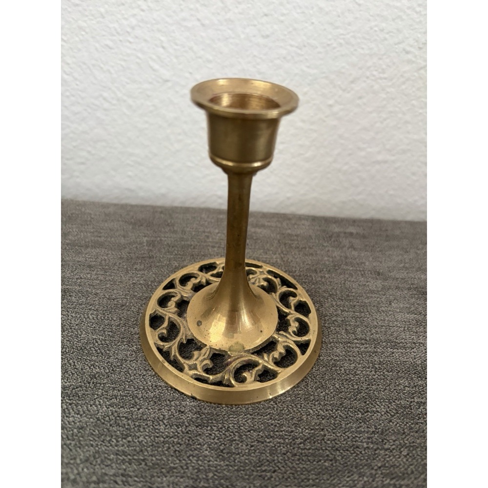 Vintage Solid Brass Candlestick Holder Taiwan Boho Hollywood Regency Decor 1970s
